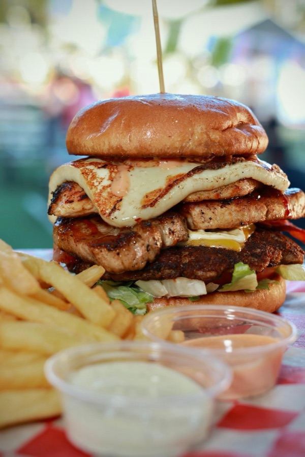 Salt & Grill Burger: smash beef, grilled chicken and pork, fried cheese and crispy onions